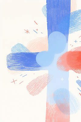 JPG 모양 디자인 종교 예술 선 벽 컬러 십자가 일러스트 빨간색 파란색 공간 표현 그림 꾸미기 벽장식 창의성 스타일 국내일러스트 AI일러스트 AI콘텐츠 장식 파일형식