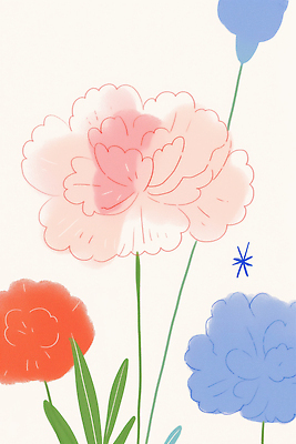 JPG 모양 식물 디자인 꽃 분홍색 컬러 백그라운드 일러스트 자연 생명 장식 빨간색 파란색 새싹 봄 성장 카네이션 원예 조화 뷰티풀 국내일러스트 AI일러스트 AI콘텐츠 계절 취미 생태계 파일형식