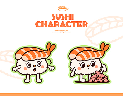 캐릭터 디자인 음식 상징 일러스트 모션 귀여움 놀람 초밥 다양 표현 오브젝트 그림 설정 새우초밥 스타일 일러캐릭터 AI파일 감정 다수 컨셉 새우 표정 일본음식 파일형식 벡터