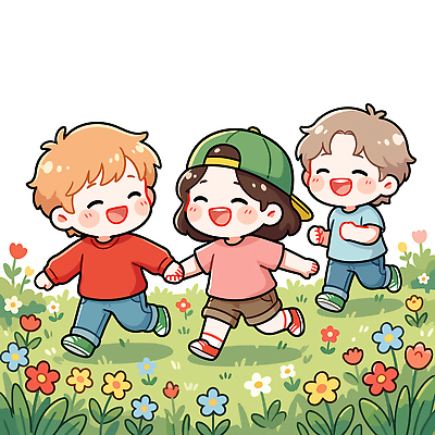 행복 어린이 컬러 꽃밭 일러스트 모션 자연 놀이 함께함 웃음 풍경 야외 귀여움 손잡기 아기 놀이터 어린이날 즐거움 생동감 국내일러스트 AI파일 기념일 꽃 감정 컨셉 표정 사람 생태계 파일형식 벡터