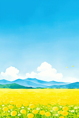 JPG 식물 계절 꽃 꽃밭 일러스트 자연 하늘 생명 산 풍경 초원 여름 파란색 농장 노란색 평화 봄 향기 지역 멀리 평야 국내일러스트 AI일러스트 AI콘텐츠 컬러 컨셉 농업 생태계 냄새 파일형식