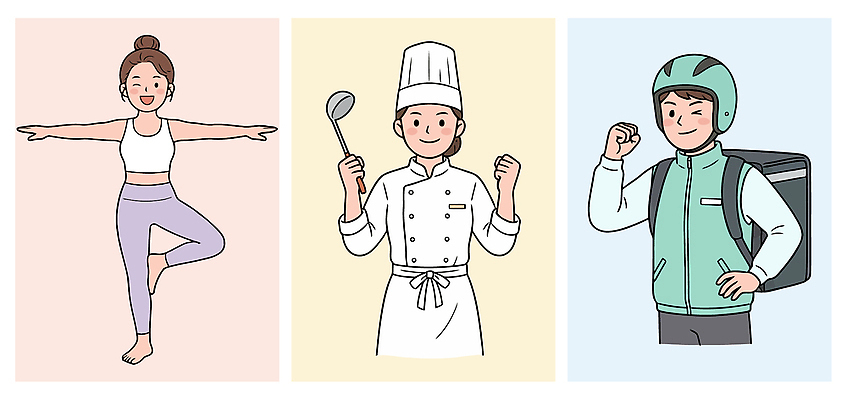 여자 남자 음식 포즈 일러스트 요가 모션 건강 사람 생활 운동복 운동 주방 요리사 힘 도구 배달원 고객 배송 서비스 준비 국내일러스트 AI파일 직업 웰빙 옷 파일형식 벡터