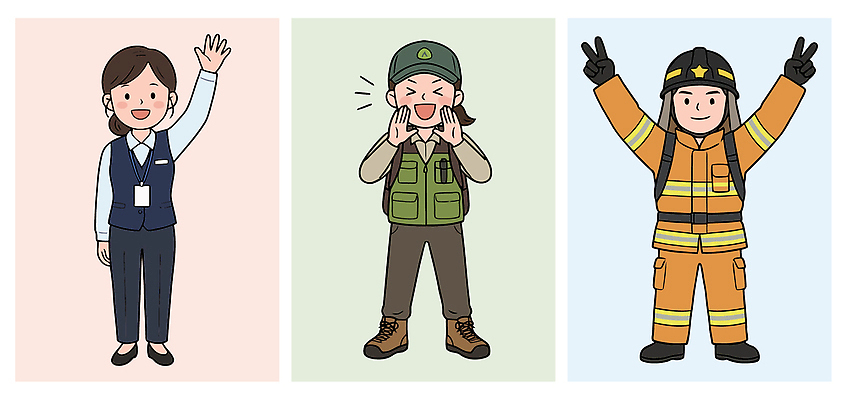직업 유니폼 일러스트 응원 모션 안전 사람 이벤트 일상 자연보호 작업 직장인 구출 전문직 소방관 서비스 소통 역할 실례 국내일러스트 AI파일 옷 컨셉 자연 라이프 도움 보호 구조원 소방 파일형식 벡터