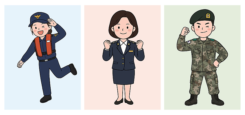 직업 캐릭터 옷 여자 남자 상징 일러스트 모션 사람 힘 주먹 군인 다양 표현 작업 경찰 경례 공무원 국내일러스트 AI파일 다수 인사 국군 파일형식 벡터