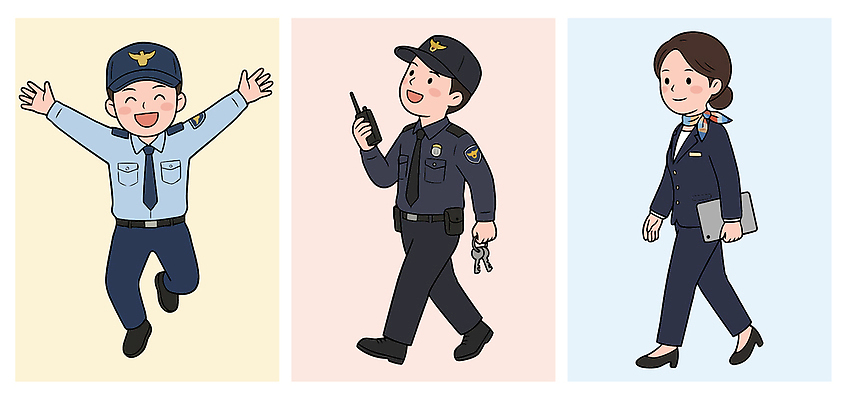 직업 캐릭터 옷 일러스트 모션 대화 웃음 일상 걷기 기쁨 업무 경찰 승무원 문서 무전기 소통 역할 국내일러스트 AI파일 감정 컨셉 무선통신 표정 말하기 라이프 작업 파일형식 벡터