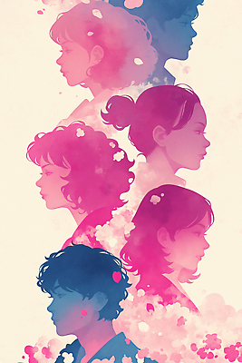 JPG 디자인 여자 꽃 감정 실루엣 분홍색 컬러 백그라운드 일러스트 추상 사람 파란색 표현 그림 뷰티풀 상상력 세계여성의날 창의성 스타일 국내일러스트 AI일러스트 AI콘텐츠 식물 기념일 무늬 촬영기법 파일형식