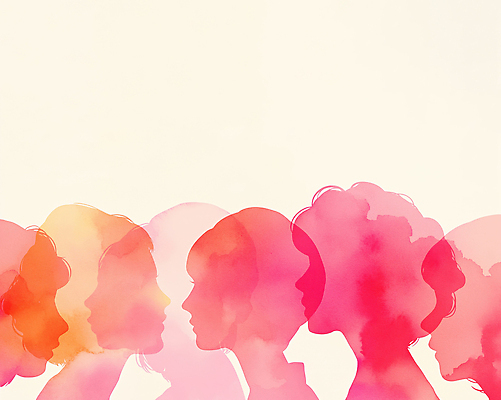 JPG 모양 디자인 여자 실루엣 예술 상징 분홍색 컬러 백그라운드 일러스트 수채화 창조 사람 표현 색칠 묘사 그림 작품 나란히 세계여성의날 국내일러스트 AI일러스트 AI콘텐츠 기념일 촬영기법 미술 파일형식