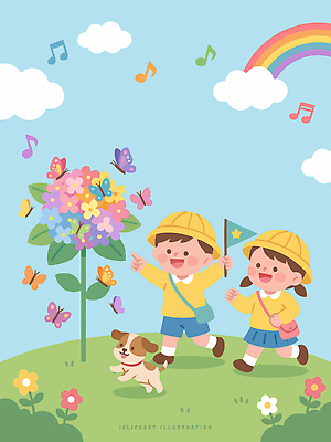 꽃 어린이 음악 컬러 나비 무지개 일러스트 모션 자연 하늘 초원 여름 친구 달리기 걷기 유치원 유치원생 깃발 개 유치원생라이프 즐거움 그림 놀기 국내일러스트 AI파일 자연요소 식물 라이프스타일 계절 교육 감정 곤충 포유류 관계 문화예술 사람 생태계 파일형식 벡터