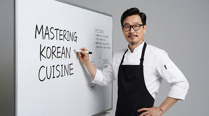 JPG 편집이미지 교육 한식 한국 요리 주방 강사 화이트보드 레시피 요리수업 요리준비 조리과정 의료성형뷰티 편집실사 AI인물포토 AI콘텐츠 직업 아시아 음식 수업 CG 준비 과정 파일형식 AI포토