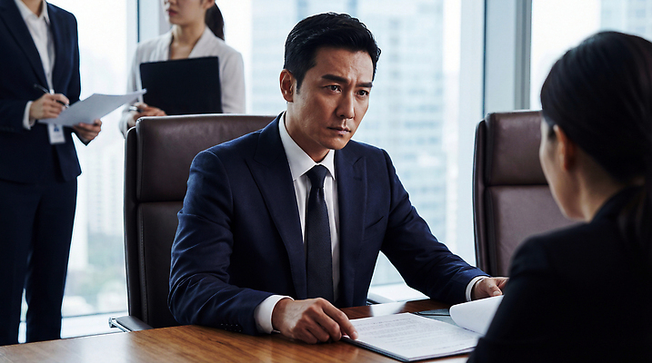 JPG 편집이미지 여자 남자 비즈니스 직장 대화 정장 사무실 대기 비즈니스맨 질문 집중 직원 면접 문서 면접관 상대 의료성형뷰티 편집실사 AI인물포토 AI콘텐츠 옷 컨셉 회사 말하기 사람 직장인 CG 파일형식 AI포토