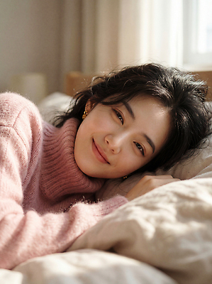 JPG 편집이미지 여자 행복 얼굴 포즈 아침 실내 웃음 일상 눕기 방 침대 편안함 스웨터 의료성형뷰티 스타일 편집실사 AI인물포토 AI콘텐츠 주간 감정 가구 상의 모션 표정 사람 내부 라이프 신체부위 감각 CG 파일형식 AI포토