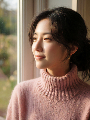 JPG 편집이미지 여자 얼굴 생각 겨울 자연 따뜻함 미소 풍경 일상 햇빛 시간 분위기 편안함 스웨터 창가 의료성형뷰티 편집실사 AI인물포토 AI콘텐츠 계절 컨셉 상의 창문 표정 사람 라이프 신체부위 태양 감각 CG 생태계 파일형식 AI포토