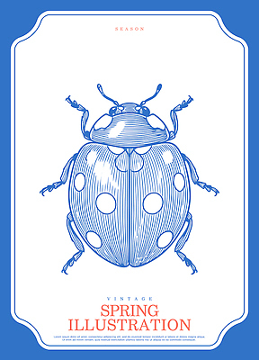 식물 디자인 포스터 컬러 곤충 일러스트 도안 자연 생물 파란색 환경 봄 빈티지 그림 생태계 무당벌레 국내일러스트 AI파일 동물 계절 컨셉 파일형식 벡터