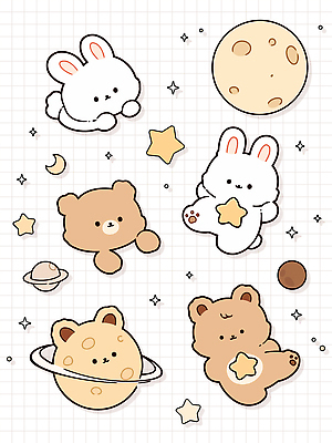 동물 캐릭터 디자인 별 백그라운드 스티커 일러스트 곰 상상 놀이 장난감 우주 고양이 공간 행성 달 토끼 즐거움 창의력 국내일러스트 AI파일 자연요소 감정 포유류 반려동물 파일형식 벡터