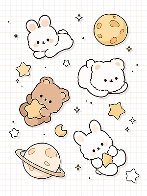동물 캐릭터 디자인 별 백그라운드 일러스트 곰 상상 놀이 우주 귀여움 환경 다양 달 토끼 시간 그리기 즐거움 그림 별빛 국내일러스트 AI파일 자연요소 감정 다수 컨셉 포유류 모션 빛 반려동물 파일형식 벡터