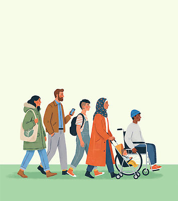PSD 여자 남자 어린이 교통 이동 일러스트 가족 모션 거리 여러명 일상 친구 핸드폰 걷기 다양 도시 휠체어 커뮤니티 세대 시각장애인 국내일러스트 다수 컨셉 관계 사람 라이프 전자제품 장애인 파일형식
