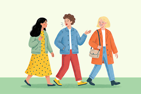 PSD 옷 행복 일러스트 모션 거리 대화 웃음 여러명 취미 친구 걷기 만남 도시 시간 즐거움 외출 소통 국내일러스트 감정 다수 컨셉 관계 표정 말하기 사람 파일형식