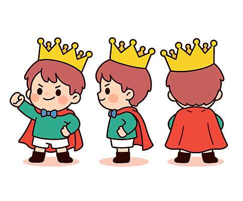 캐릭터 디자인 컬러 허리손 포즈 일러스트 모션 동화 왕관 표정 소년 장난감 귀여움 다양 표현 왕 즐거움 왕국 창의력 국내일러스트 AI파일 남자 감정 어린이 다수 컨셉 파일형식 벡터