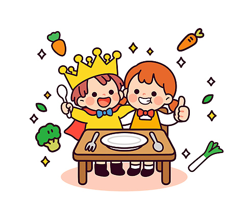 캐릭터 식기 행복 어린이 음식 채소 일러스트 가족 응원 놀이 식탁 왕관 주택 웃음 친구 주방 즐거움 파 맛있는 국내일러스트 AI파일 감정 관계 탁자 표정 사람 건물 파일형식 벡터