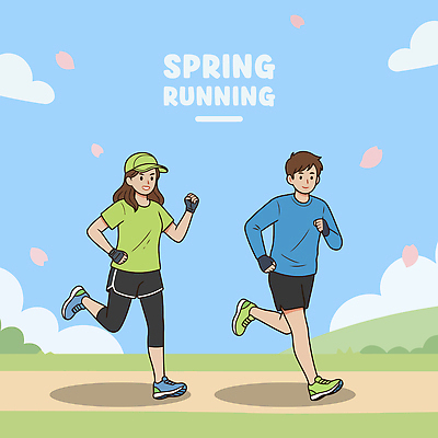 공원 여자 남자 운동화 일러스트 모션 자연 필드 하늘 거리 건강 풍경 운동복 달리기 조깅 운동 봄 즐거움 러닝 국내일러스트 AI파일 옷 계절 공공시설 감정 신발 사람 생태계 파일형식 벡터