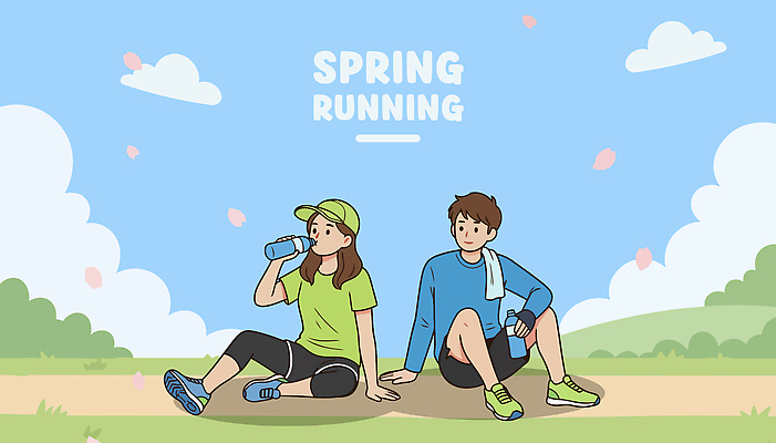 여자 남자 스포츠 일러스트 모션 자연 하늘 날씨 협력 휴식 건강 초원 야외 물 친구 운동복 달리기 운동 봄 러닝 국내일러스트 AI파일 자연요소 옷 계절 컨셉 관계 사람 생태계 파일형식 벡터
