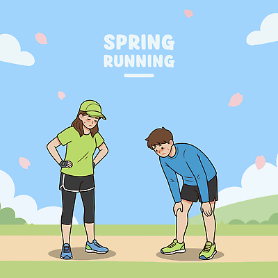 여자 남자 길 포즈 운동화 일러스트 모션 하늘 피곤 사람 풍경 야외 친구 달리기 운동 봄 시원함 땀 체육복 러닝 국내일러스트 AI파일 계절 신발 컨셉 관계 건강 운동복 체육 파일형식 벡터