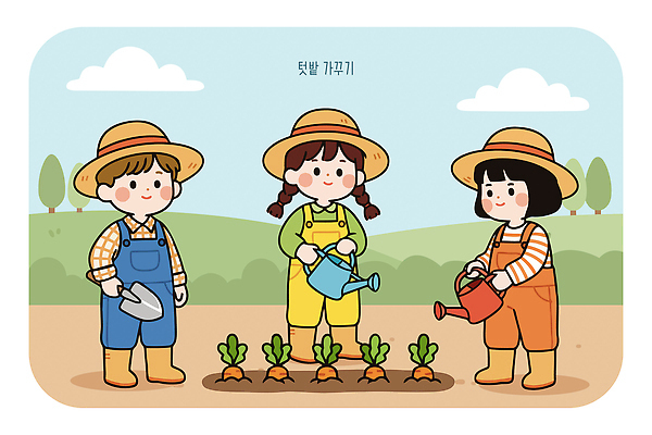 식물 꽃 채소 일러스트 모션 자연 친구 농장 정원 농사 흙 당근 수확 도구 물통 즐거움 물주기 가꾸기 텃밭 국내일러스트 AI파일 감정 밭 농업 관계 뿌리채소 생태계 파일형식 벡터