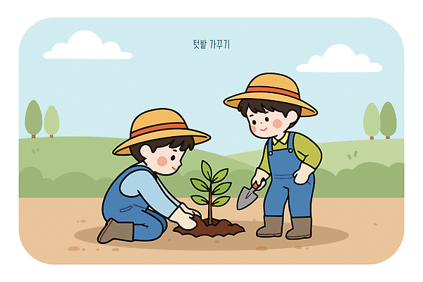 나무 식물 어린이 일러스트 모션 자연 생명 작업복 친구 농사 자전거 흙 성장 농부 삽 자원 논밭 심기 오후 텃밭 국내일러스트 AI파일 직업 옷 밭 농업 관계 논 사람 바이크 생태계 파일형식 벡터