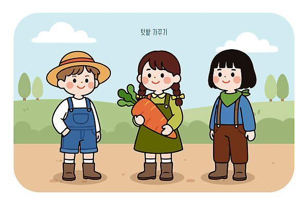 나무 식물 캐릭터 옷 어린이 백그라운드 일러스트 모션 미소 웃음 소녀 소년 여름 친구 농작물 농장 당근 즐거움 그림 텃밭 국내일러스트 AI파일 계절 여자 남자 감정 밭 농업 관계 뿌리채소 표정 사람 파일형식 벡터