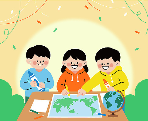 교육 종이 예술 컬러 세계지도 일러스트 학교 모션 놀이 탁자 협력 색연필 초등학교 지구본 모형 그리기 즐거움 그림 상상력 창의성 국내일러스트 AI파일 감정 가구 지도 학용품 세계 파일형식 벡터