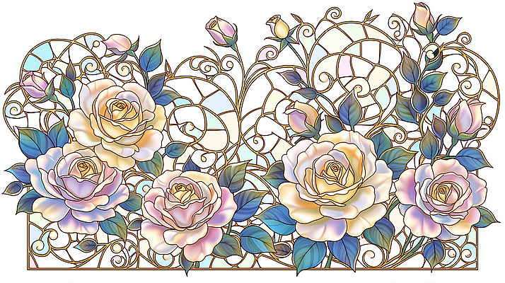 JPG 모양 식물 디자인 꽃 예술 컬러 백그라운드 잎 패턴 일러스트 수채화 그래픽 장식 장미 클래식 질감 스테인드글라스 뷰티풀 디테일 국내일러스트 AI일러스트 AI콘텐츠 컨셉 무늬 유리 파일형식