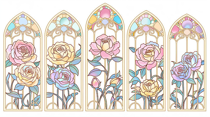JPG 모양 디자인 꽃 예술 컬러 백그라운드 잎 패턴 일러스트 창문 장식 장미 전시 그림 작품 스테인드글라스 조화 뷰티풀 국내일러스트 AI일러스트 AI콘텐츠 식물 무늬 유리 미술 파일형식