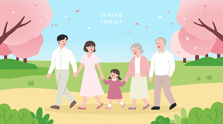 나무 드레스 공원 할아버지 행복 길 할머니 어린이 일러스트 가족 자연 웃음 소풍 걷기 손잡기 봄 산책 벚꽃 아기 벚나무 국내일러스트 AI파일 식물 옷 계절 공공시설 여자 노년 남자 꽃 감정 관계 모션 휴식 표정 사람 야외활동 생태계 파일형식 벡터
