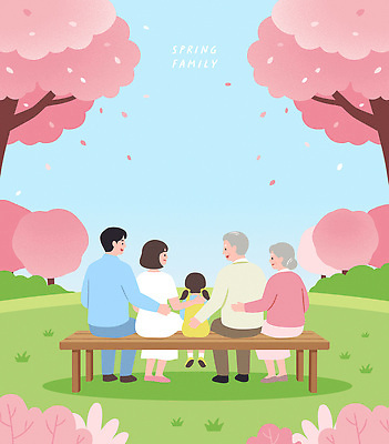 나무 꽃 행복 어린이 벤치 일러스트 가족 사랑 웃음 앉기 풍경 초원 여러명 부모 소풍 봄 벚꽃 시간 벚나무 소통 조부모 국내일러스트 AI파일 식물 계절 감정 다수 컨셉 의자 관계 모션 표정 사람 야외활동 파일형식 벡터