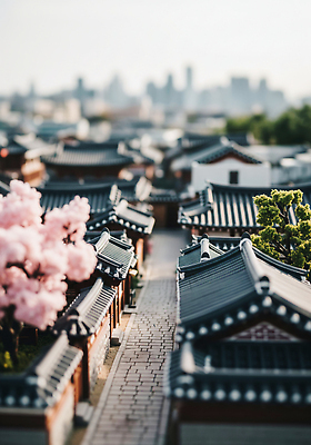 JPG 나무 모델 편집이미지 전통 건축 길 거리 한국 건물 마을 정원 미니어처 벚꽃 도시 한옥마을 스카이라인 고택 편집실사 AI컴퓨터그래픽 AI콘텐츠 식물 건축물 꽃 아시아 한옥 모형 CG 파일형식