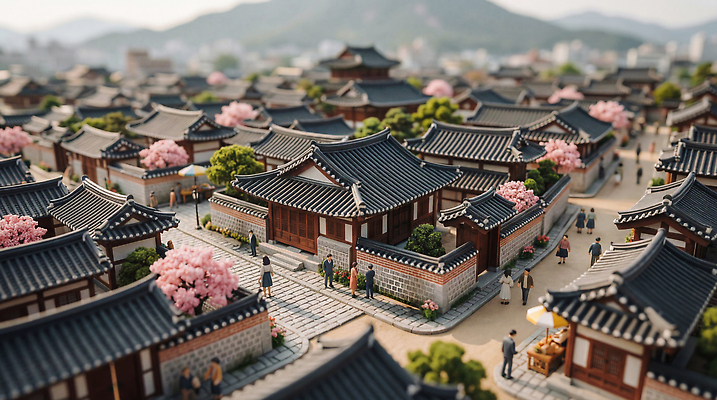 JPG 나무 편집이미지 전통 꽃 문화 여행 산 거리 한국 풍경 여러명 건물 마을 봄 미니어처 방문 한옥마을 편집실사 AI컴퓨터그래픽 AI콘텐츠 식물 건축물 계절 아시아 다수 한옥 사람 모형 CG 파일형식