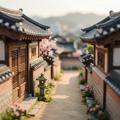 JPG 주간 편집이미지 전통 건축 꽃 문화 길 여행 한옥 한국 풍경 햇빛 마을 미니어처 역사 골목길 조경 한옥마을 편집실사 AI컴퓨터그래픽 AI콘텐츠 자연요소 식물 한국전통 아시아 고건축 태양 모형 CG 파일형식