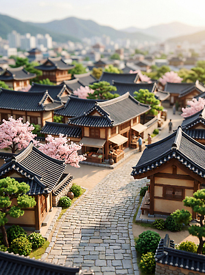 JPG 나무 편집이미지 전통 건축 문화 거리 주택 한국 기와 사람 풍경 마을 봄 미니어처 벚꽃 조경 한옥마을 돌길 편집실사 AI컴퓨터그래픽 AI콘텐츠 식물 계절 꽃 아시아 길 한옥 건물 모형 CG 파일형식