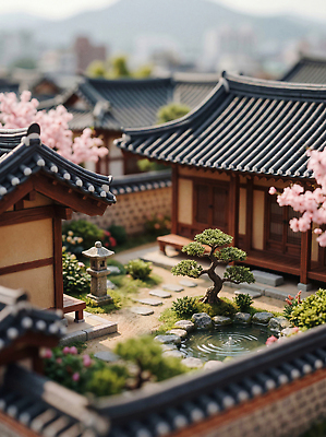 JPG 나무 모델 편집이미지 전통 꽃 문화 주택 한국 정원 공간 미니어처 벚꽃 돌_바위 연못 조경 한옥마을 편집실사 AI컴퓨터그래픽 AI콘텐츠 식물 아시아 한옥 건물 모형 마을 CG 파일형식