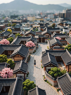 JPG 나무 편집이미지 전통 여자 건축 꽃 거리 한국 풍경 햇빛 마을 산책 미니어처 도시 한옥마을 돌길 편집실사 AI컴퓨터그래픽 AI콘텐츠 식물 아시아 길 휴식 한옥 사람 태양 모형 CG 파일형식