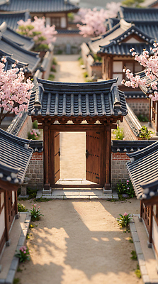 JPG 나무 편집이미지 전통 여행 자연 아침 한옥 한국 풍경 건물 햇빛 문 마을 미니어처 벚꽃 조경 한옥마을 편집실사 AI컴퓨터그래픽 AI콘텐츠 주간 식물 한국전통 건축물 꽃 아시아 고건축 태양 모형 CG 생태계 파일형식