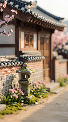 JPG 나무 편집이미지 한국문화 전통 건축 꽃 한국 풍경 파란색 정원 봄 미니어처 조경 한옥마을 편집실사 AI컴퓨터그래픽 AI콘텐츠 식물 동양문화 계절 아시아 컬러 한옥 모형 마을 CG 파일형식