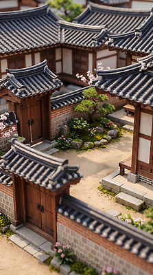 JPG 나무 편집이미지 전통 건축 꽃 문화 한국 기와집 풍경 문 마을 정원 봄 미니어처 돌_바위 작음 조경 한옥마을 편집실사 AI컴퓨터그래픽 AI콘텐츠 식물 계절 아시아 한옥 모형 크기 CG 파일형식