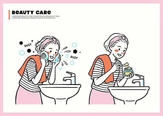 손 여자 얼굴 일러스트 관리 일상 물 수건 화장 뷰티 깨끗함 봄 거품 세수 위생 씻기 상품 피부 세면대 피부관리 스킨케어 국내일러스트 AI파일 자연요소 계절 컨셉 사람 라이프 신체부위 위생용품 청결 파일형식 벡터