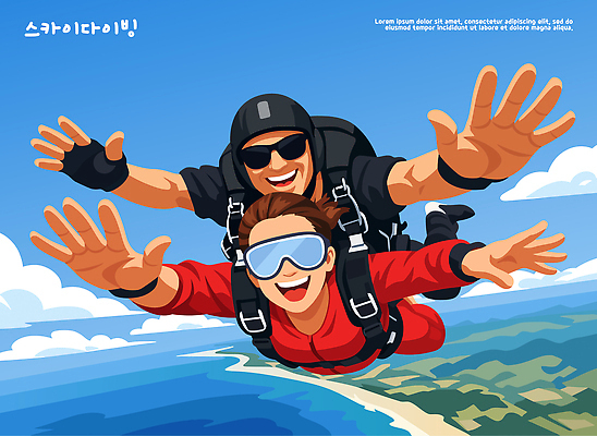 바다 일러스트 하늘 레저 안전 여러명 해변 운동 점프 강사 자유 도전 비행 체험 스카이다이빙 고도 연습 즐거움 스릴 액티비티 국내일러스트 AI파일 직업 감정 다수 컨셉 모션 건강 사람 익스트림스포츠 파일형식 벡터