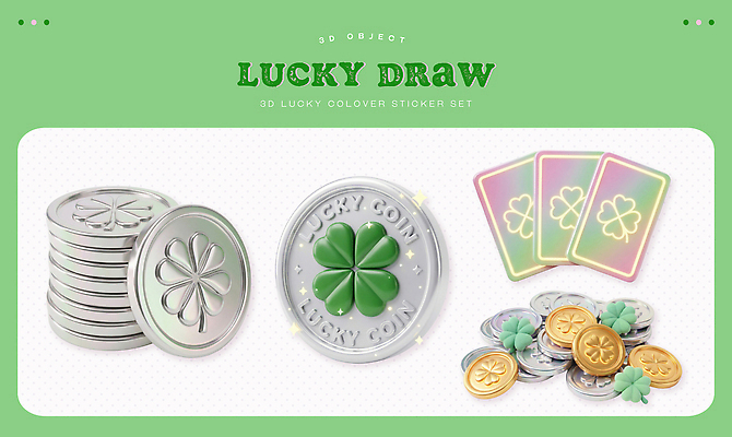 PSD 편집이미지 디자인 선물 이벤트 장식 세트 동전 게임 행운 네잎클로버 은색 아이템 경품 편집3D 럭키드로우 식물 컬러 컨셉 돈 놀이 3D 클로버 뽑기 파일형식