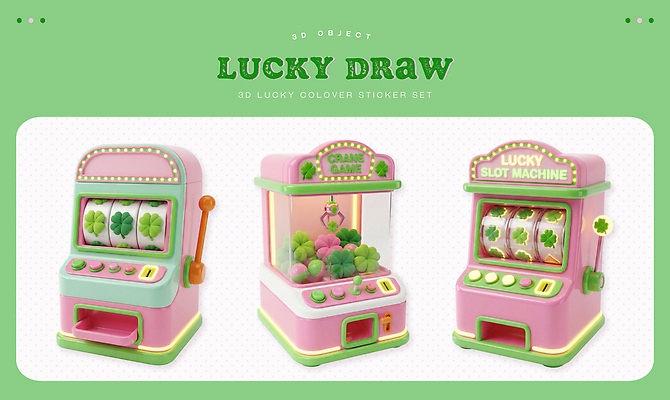 PSD 편집이미지 디자인 컬러 놀이 장식 세트 3D 기계 게임 행운 클로버 즐거움 그림 룰렛 아이템 복권 슬롯머신 편집3D 럭키드로우 감정 컨셉 디지털합성 뽑기 파일형식