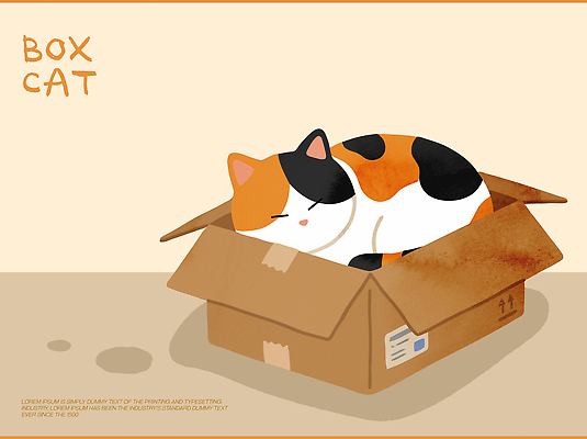 동물 일러스트 휴식 주택 털 실내 상자 소파 검은색 주황색 고양이 흰색 편안함 종이상자 국내일러스트 AI파일 컬러 컨셉 의자 포유류 내부 건물 반려동물 감각 파일형식 벡터