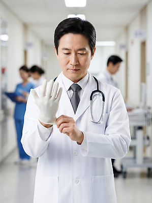 JPG 편집이미지 남자 장갑 의학 모션 건강 병원 일상 치료 환자 의료진 의사 복도 준비 노력 전문 의료성형뷰티 편집실사 AI인물포토 AI콘텐츠 직업 잡화 사람 라이프 CG 파일형식 AI포토