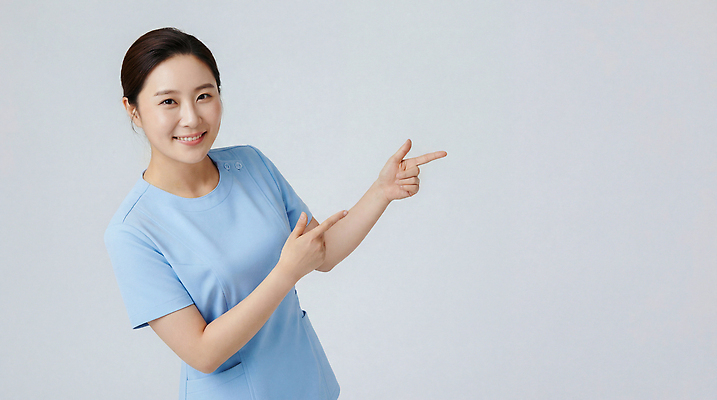 JPG 편집이미지 직업 여자 백그라운드 유니폼 모션 표정 미소 사람 파란색 간호사 가리킴 오른쪽 단순화된 의사소통 전문 의료성형뷰티 편집실사 AI인물포토 AI콘텐츠 옷 컬러 손짓 의료진 방향 CG 파일형식 AI포토